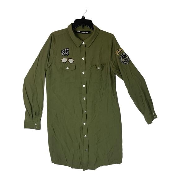Karl Lagerfeld womens small medium army green shirt dress patches embroid cas - Picture 1 of 10